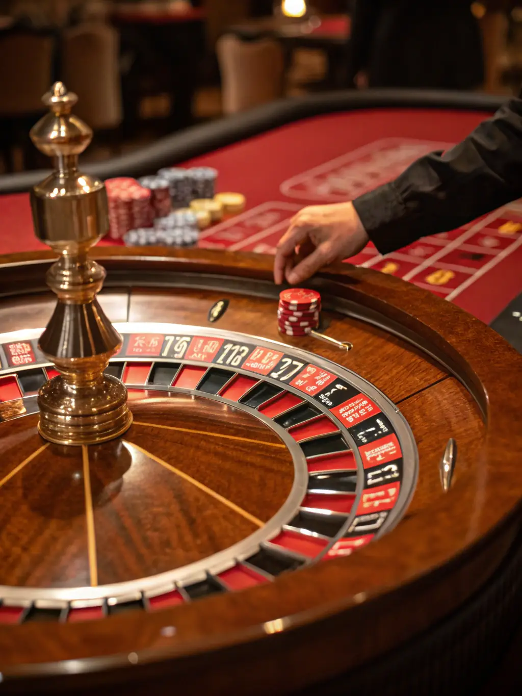 A sophisticated image displaying a roulette wheel in motion at 777 Casino, surrounded by betting chips and a luxurious casino setting, capturing the anticipation of the game.