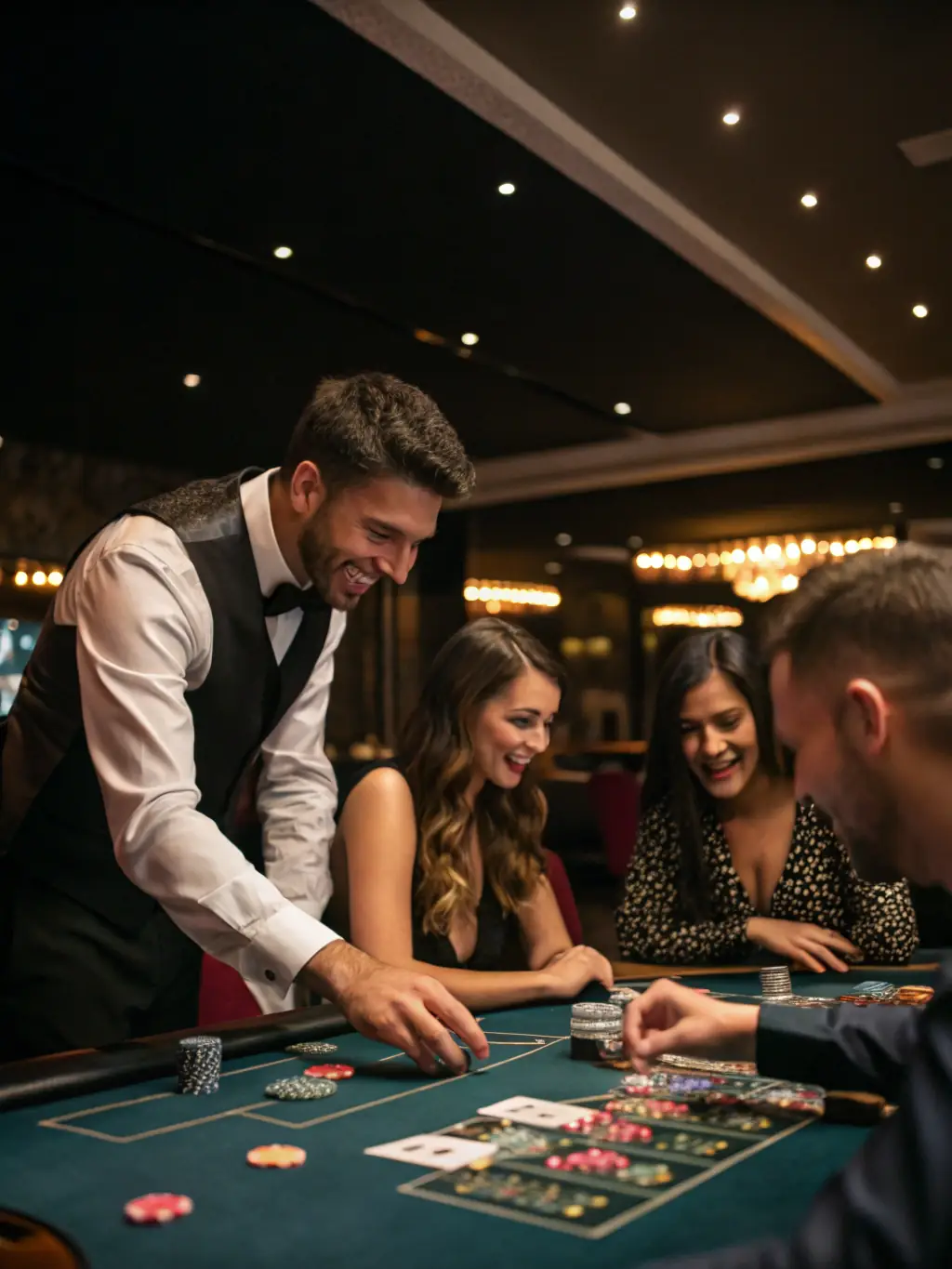 An elegant image depicting a live dealer at a blackjack table in 777 Casino, with players engaged in the game, creating an atmosphere of real-time excitement and interaction.